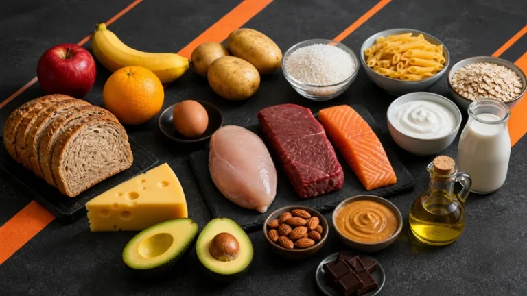 Twenty popular foods arranged for a calorie comparison