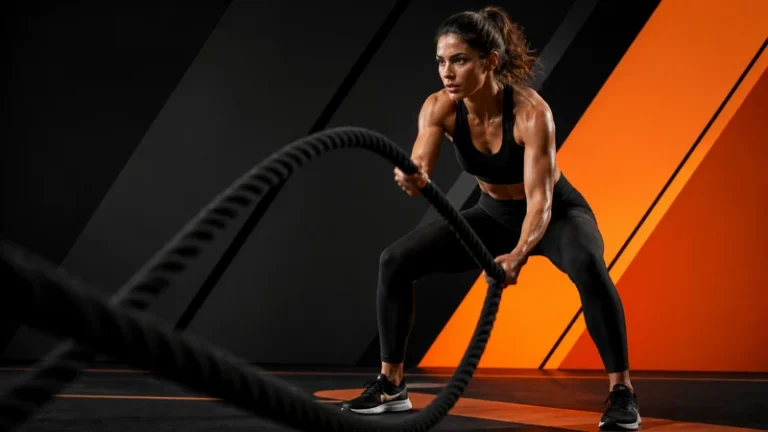 Athlete performing a battle rope workout to burn calories and support fat loss