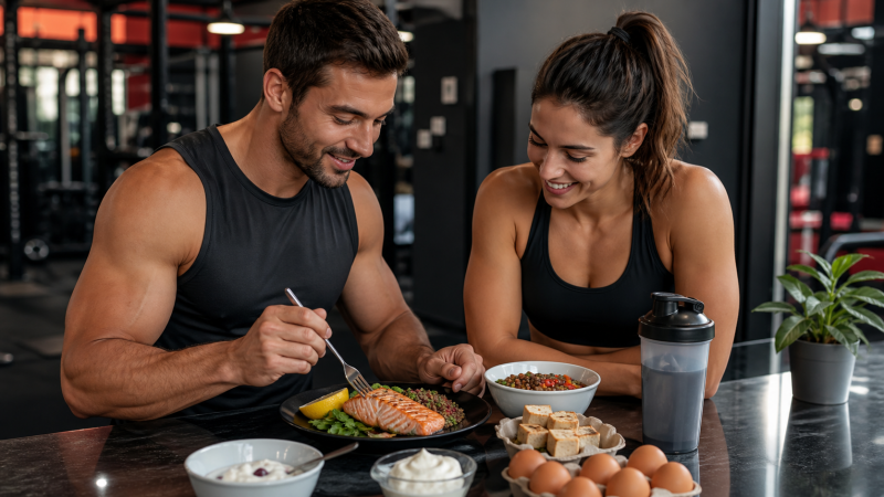 Athletic man and woman with a variety of high-protein foods