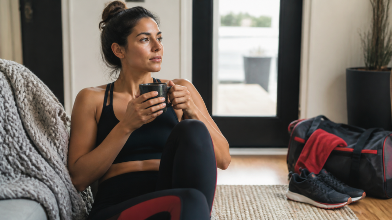 Athletic woman resting at home instead of exercising while ill