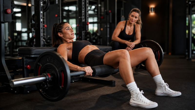 Woman performing a barbell hip thrust for stronger glutes