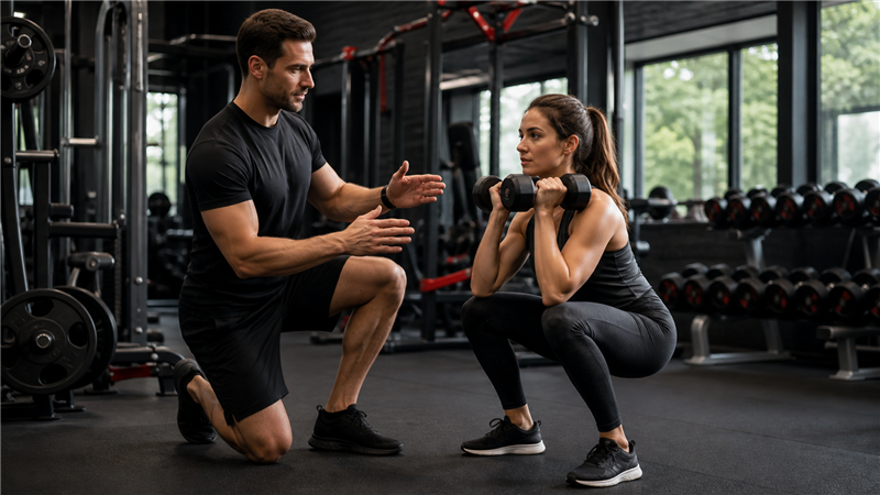 Fitness instructor coaching a woman on correct dumbbell squat technique