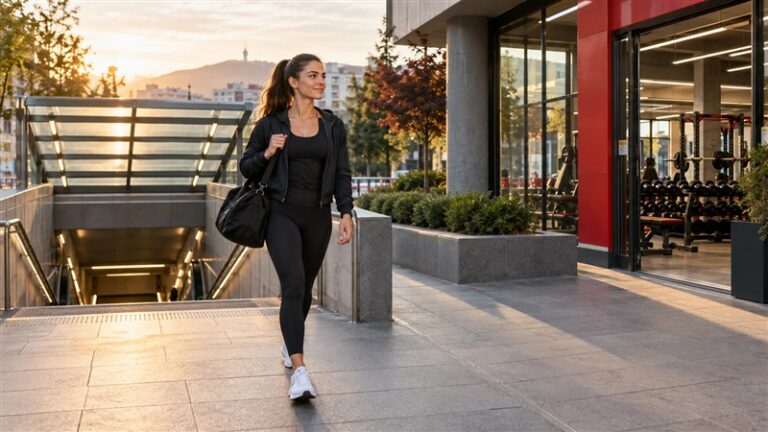 Woman walking from a Sofia metro station toward an Athletic gym