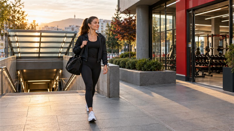 Woman walking from a Sofia metro station toward an Athletic gym