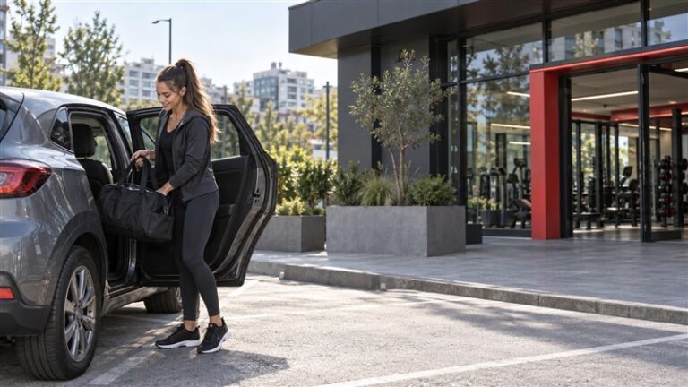 Woman arriving by car for a workout at a gym with parking in Sofia