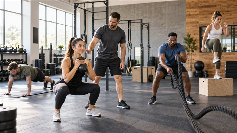 Circuit functional training class with an instructor at Athletic