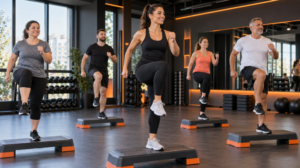 Beginners following a step aerobics class in a modern fitness studio