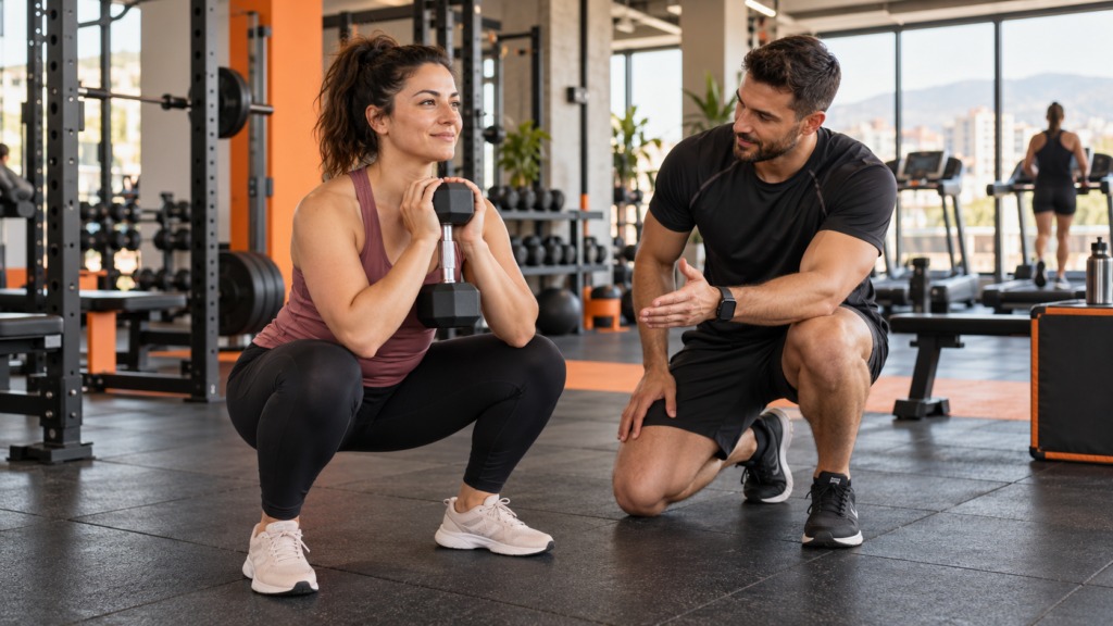 Woman returning to gym training after a long break with guidance from a coach